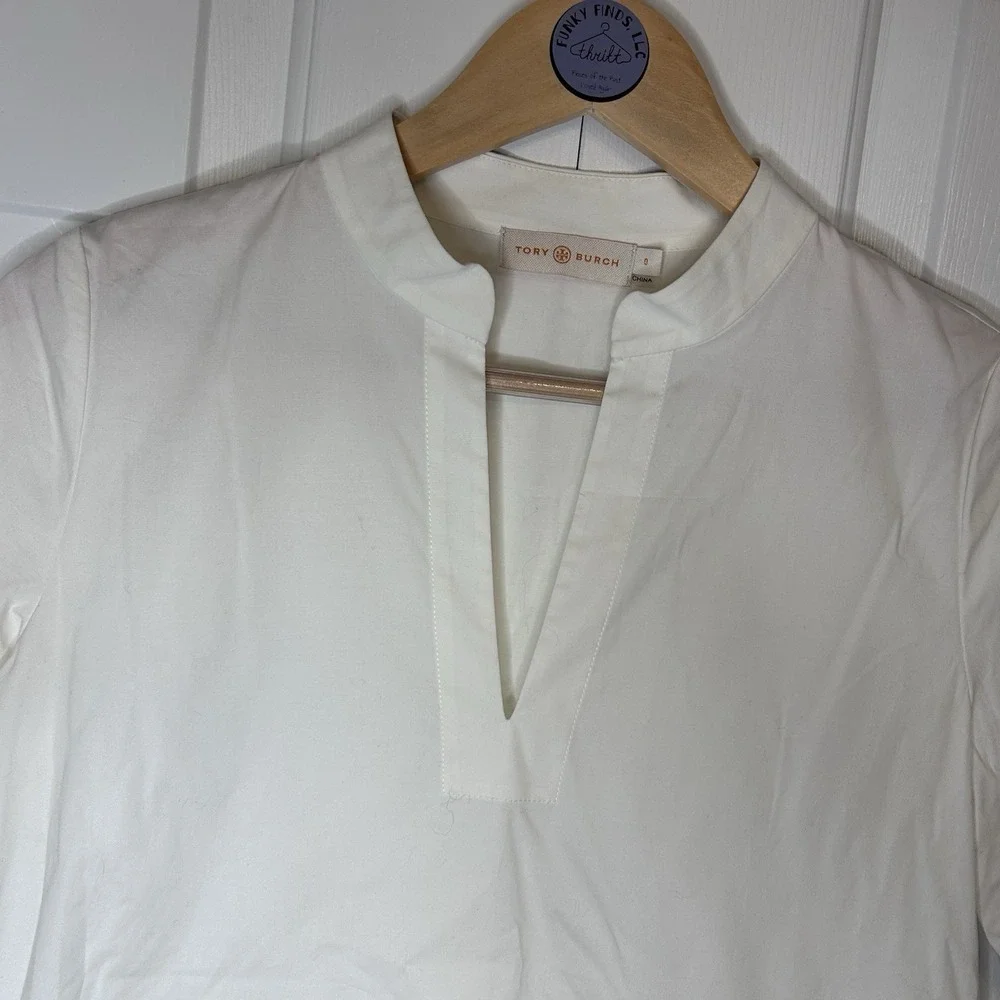 Tory Burch white poplin/red embroidery popover blouse, Size 0